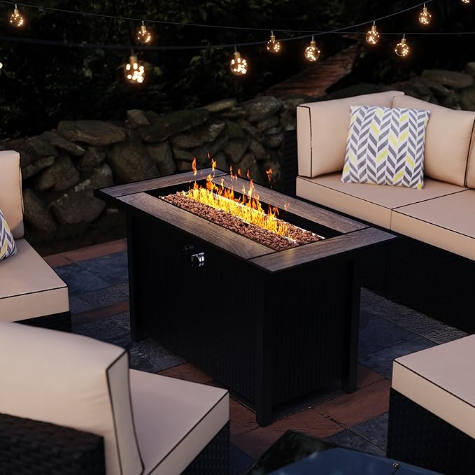 45in Fire Table, Propane Fire Pit with Red Lava Rocks and Rain Cover, Outdoor Firepit Table with Tile Top 50000 BTU 2-in-1 Fire Table for Patio/Yard/Balcony, Gray Tabletop