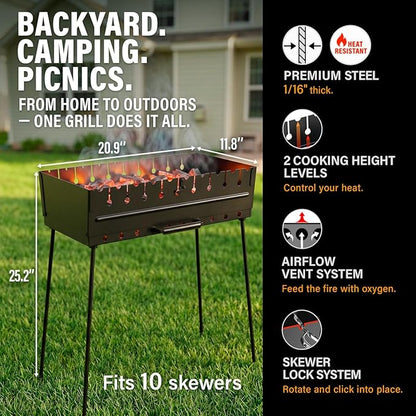 Charcoal Grill for 10 Skewers - Portable Barbecue Kabob Camp Grills - Foldable Metal Mangal - Kebab Shish BBQ for EDC Picnic Outdoor Cooking Camping Hiking (Skewers Not Included)