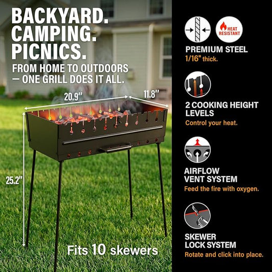 Charcoal Grill for 10 Skewers - Portable Barbecue Kabob Camp Grills - Foldable Metal Mangal - Kebab Shish BBQ for EDC Picnic Outdoor Cooking Camping Hiking (Skewers Not Included)