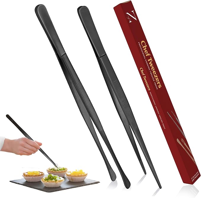 Namre Tweezer Tongs– 2 Pcs 12- Inch Stainless Steel 18/10 Thin Chopstick Precise & Strong Chef Tweezers for Food & Small Objects, Cooking Tongs for BBQ and Grills - 12 Inch - (Black)