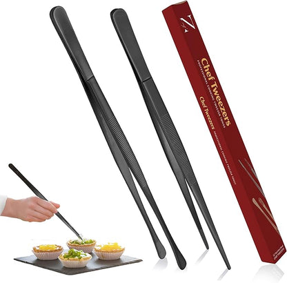 Namre Tweezer Tongs– 2 Pcs 12- Inch Stainless Steel 18/10 Thin Chopstick Precise & Strong Chef Tweezers for Food & Small Objects, Cooking Tongs for BBQ and Grills - 12 Inch - (Black)