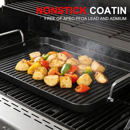 21" x 13" Cast Iron Griddle Pan, Pre-Seasoned Double Burner Griddle Pan with Stainless Steel Handle, Ribbed Surface, Oven Safe for Gas Ceramic Electric Stove, BBQ Camping Indoor Outdoor