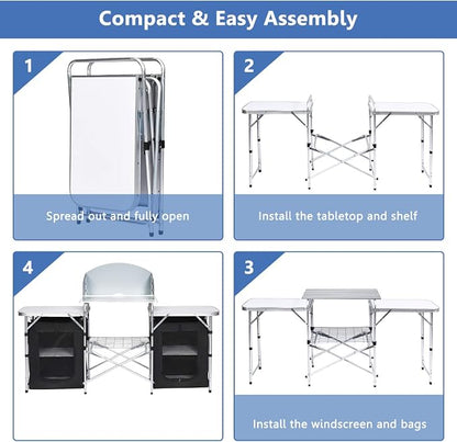 Giantex Camping Kitchen Station, Folding Grill Table with 26'' Tabletop, 2 Side Tables, Storage Organizer, Detachable Windscreen, Portable Camp Cook Outdoor Prep Station Backyard BBQ Picnic (Black)