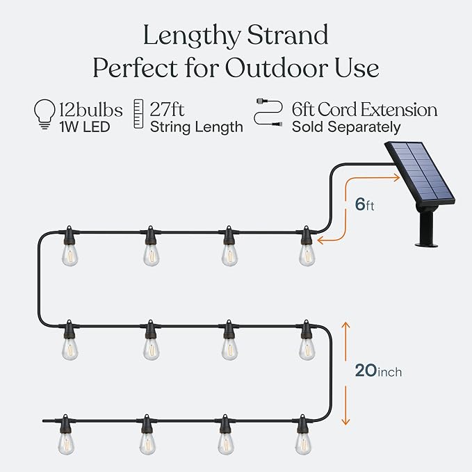 Brightech Ambience Pro Solar Powered Outdoor String Lights, 27ft Remote Control Commercial Grade Waterproof Patio Lights, 12 Edison Bulbs, Shatterproof LED String Lights for Outside - 1W Soft White