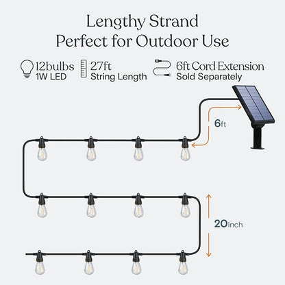Brightech Ambience Pro Solar Powered Outdoor String Lights, 27ft Remote Control Commercial Grade Waterproof Patio Lights, 12 Edison Bulbs, Shatterproof LED String Lights for Outside - 1W Soft White