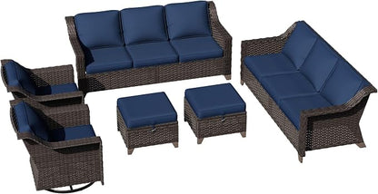 6 Pieces Patio Conversation Furniture Set - 2 Sofas, 2 Swivel Chairs, 2 Ottomansm, Outdoor Wicker Furniture with Removable Cushions for Porch, Balcony, Sunroom (Blue)