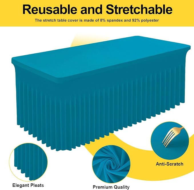 Smiry Spandex Elastic Fitted Table Cloth Skirt for 8FT Rectangle Table | Stretch Washable Table Cloth, Banquet Table Cover for Wedding, Party, Indoor & Trade Shows, (Turquoise, 96Lx30Wx30H)