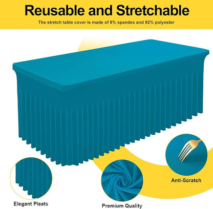 Smiry 2 Pack Spandex Elastic Fitted Table Cloth Skirt for 8FT Table | Stretch Washable Table Cloth, Banquet Table Cover for Wedding, Party, Indoor & Trade Shows, (Turquoise, 96Lx30Wx30H)