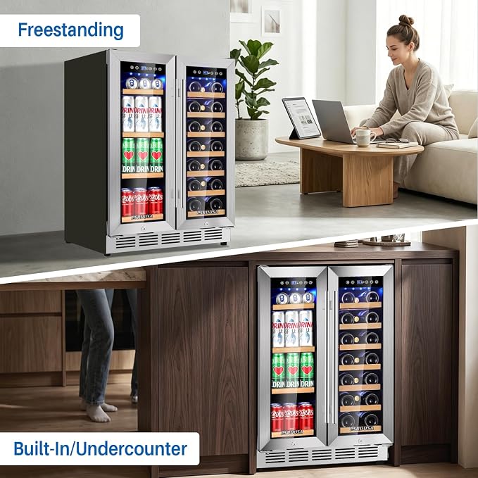 24 Inch Wine and Beverage Refrigerator Dual Zone Wine Fridge Beverage Cooler Large Capacity Holds 88 Cans and 20 Bottles, Built-In or Freestanding with Glass Door for Kitchen, Home Bar