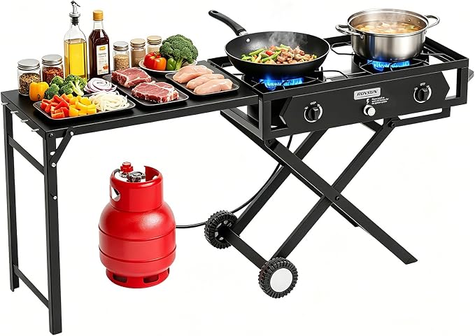 ROVSUN 2 Burner Foldable Gas Stove with Side Table, 150,000 BTU Portable Propane Stove with Ignition & Regulator for Camping Home Backyard Cooking Brewing Canning Turkey Frying