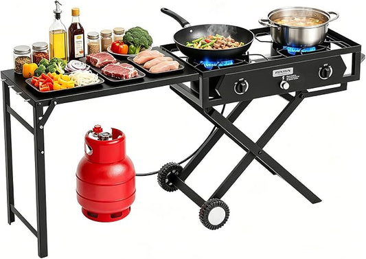 ROVSUN 2 Burner Foldable Gas Stove with Side Table, 150,000 BTU Portable Propane Stove with Ignition & Regulator for Camping Home Backyard Cooking Brewing Canning Turkey Frying