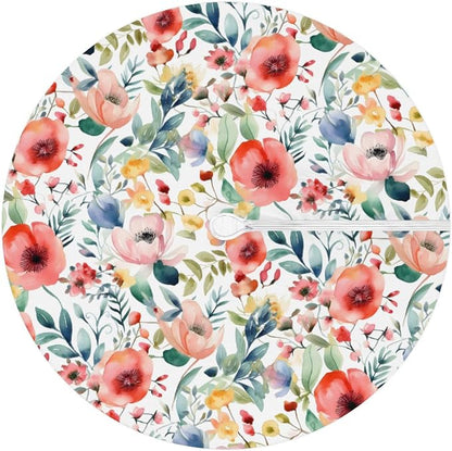 Spring Flower Outdoor Round Fitted Tablecloth with Umbrella Hole and Zipper, 45"-56" Elastic Patio Table Cloth Oil-Proof Waterproof Patio Table Cover for Picnic Party Camping