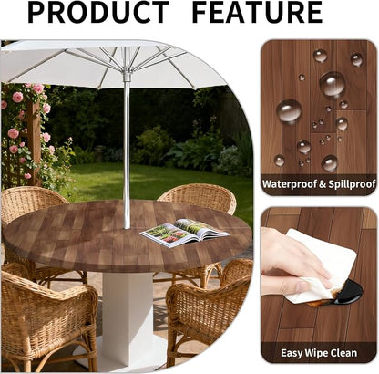Outdoor Tablecloth with Umbrella Hole and Zipper Fits 61-65" Tables | Waterproof Round Fitted Tablecloth with Elastic Edge, Wipeable Outdoor Table Cover for Patio, Garden, Picnic