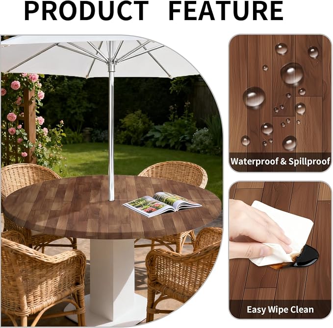 Outdoor Tablecloth with Umbrella Hole and Zipper Fits 32-36" Tables | Waterproof Round Fitted Tablecloth with Elastic Edge, Wipeable Outdoor Table Cover for Patio, Garden, Picnic