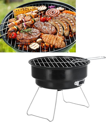 Mini Round Charcoal Grill, Portable BBQ Grill Set for Home, Kitchen, Camping, and Picnic, Foldable Design with Iron Bracket
