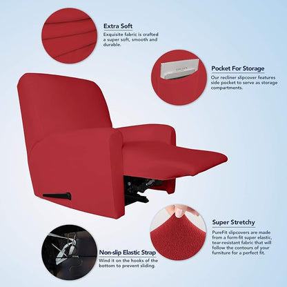 PureFit Stretc Recliner Chair Covers Fleece Soft Couch Covers for Sofa | Red 4-Pieces Recliner Slipcover Pocket Couch Protector, Fleece Sofa Cover Washable with Non Slip Elastic Bottom