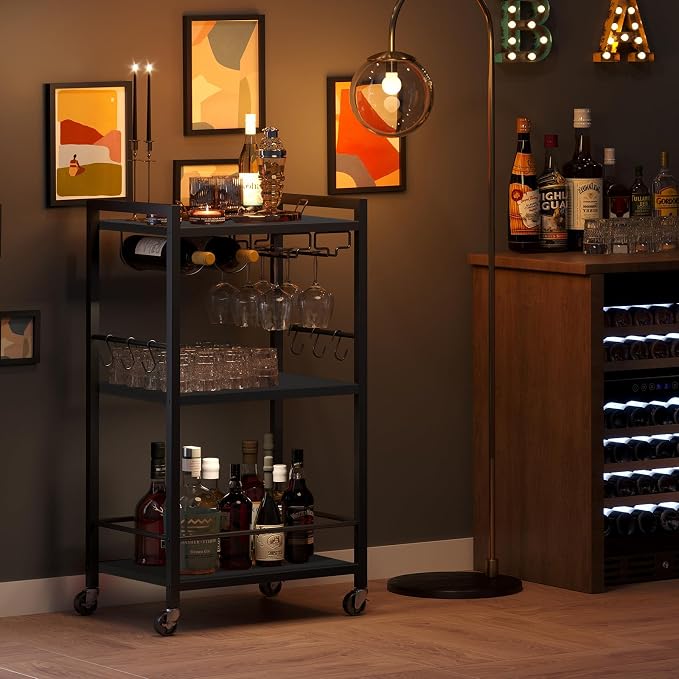 TUTOTAK Bar Cart with Wheels, Drink Cart with Wine Rack and Glass Holder | 3-Tier 17 Inch Wide Home Bar Serving Carts, Small Mobile Kitchen Shelf with 6 Hooks, Black BC01BK032
