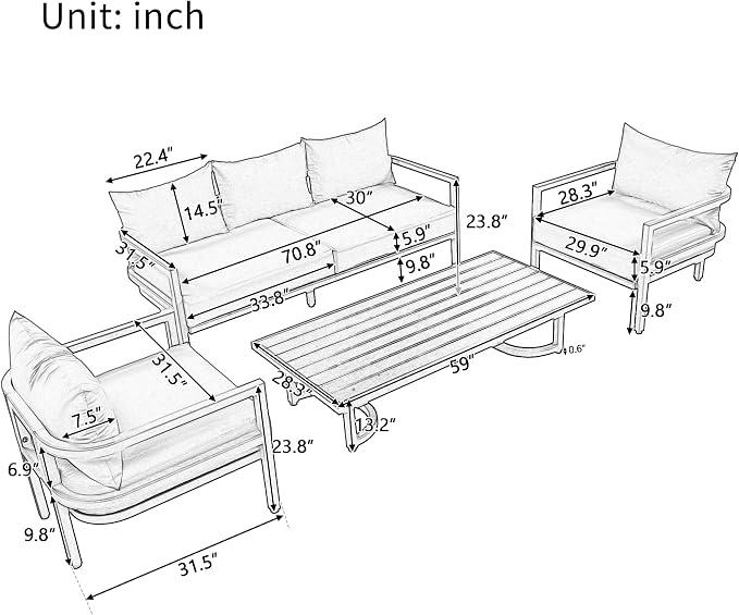 4-Piece Outdoor Steel Sofa Set, All Weather Patio Conversation Set with 1 Love Sofa, 2 Single Sofa and Coffee Table, Waterproof Cushions, Suitable for Backyard Poolside Gardens (Light Grey-Z)