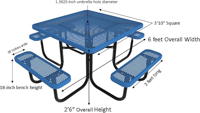 Norwood Commercial Furniture Open Air Series 46" Square Picnic Table with Benches and Umbrella Hole, Commercial-Grade Steel Portable Outdoor Picnic Table, Black