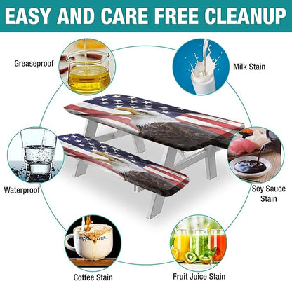 American Flag Picnic Fitted Tablecloth and Bench Seats Cover, 4th of July Independence Day USA Flag Rectangle Elastic Table Cover, 72x28 In, 3 Pcs Set, for Indoor/Outdoor Picnic, BBQ and Dining Use