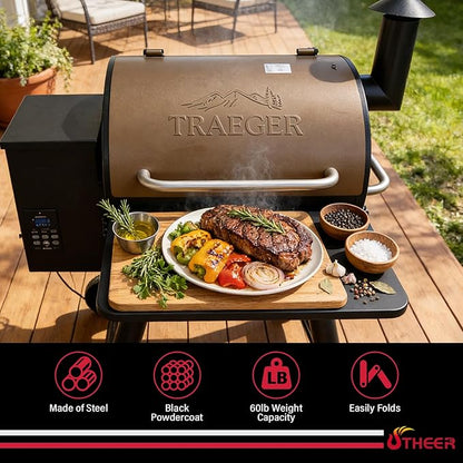 Utheer Folding Front Shelf for Traeger Pro 22, Pro 575, Ironwood 650 Pellet Grills, BAC362 Grill Accessory 25" x 12", Heavy-Duty Steel Table Supports 60 LBS, Foldable Prep & Storage Station