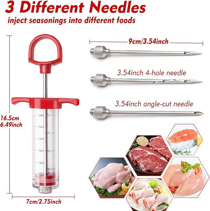 Meat Injector, 1-oz Plastic BBQ Marinade Injector Kit, Turkey Injector Syringe (3 Stainless Steel Meat Needles +3 Replacement O Rings + 1 Cleaning Brush) for Turkey Smoked BBQ Grill