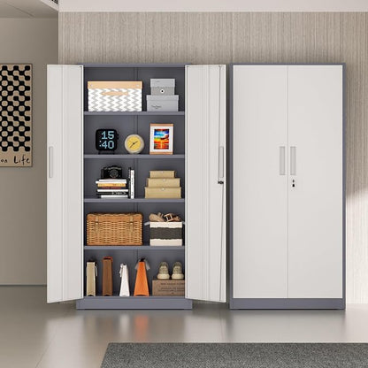 Incbruce 72” Metal Storage Cabinet, Garage Cabinets and Storage System with Doors and Shelves, Tall Lockable Tool Cabinet for Garage, Office, Home (Grey White)