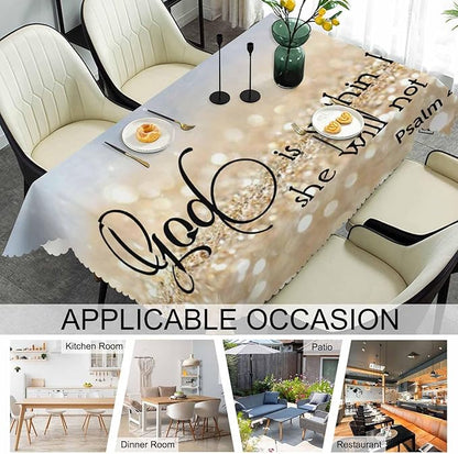 Bible Verse Decorative Table Cover for Kitchen, Oblong Tablecloth God is Within Her She Will Not Fall Dining Table Cloth Tabletop Tablecloths for BBQ Picnic Coffee 52"X70", Gold Sparkle