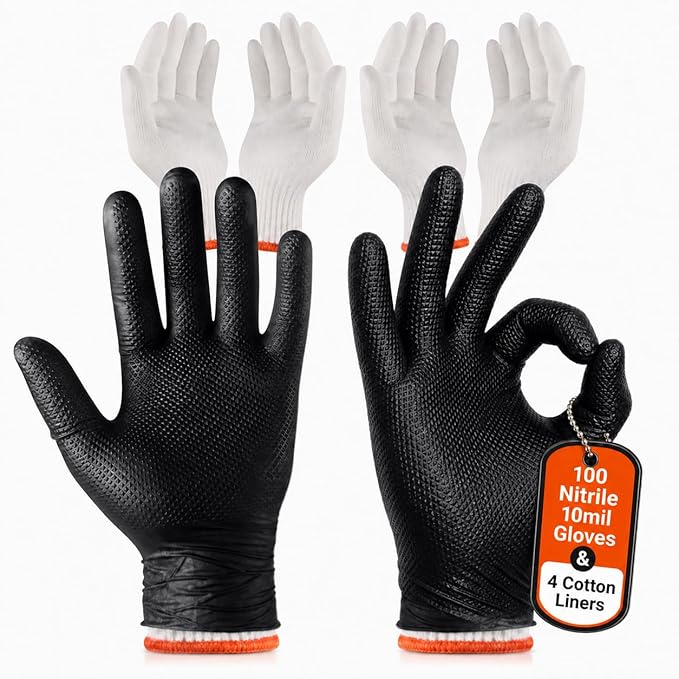 PepperMate BBQ Disposable Gloves with Cotton Liners – 10 Mil Heat Resistant Nitrile Gloves for Grilling, Smoking & Meat Handling – Non-Slip, Heavy Duty, Food Safe (100 Count + 4 Liners) X-Large