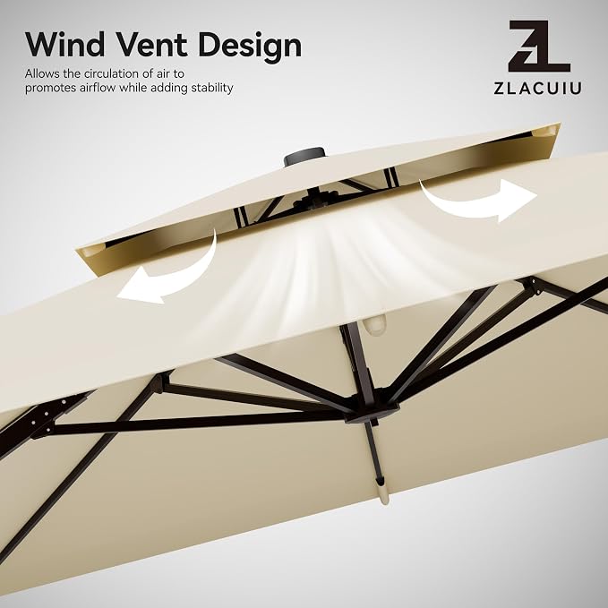 9x12FT Beige Cantilever Outdoor Patio Umbrella with Base, Large Rectangular Offset Design, Double Top Heavy Duty Aluminum Frame & 360° Rotation for Pool Garden Deck Backyard