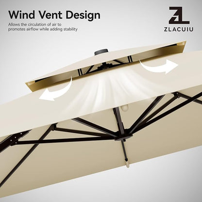 9x12FT Beige Cantilever Outdoor Patio Umbrella with Base, Large Rectangular Offset Design, Double Top Heavy Duty Aluminum Frame & 360° Rotation for Pool Garden Deck Backyard