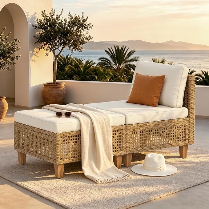 MFSTUDIO Wicker Patio Furniture Set, 2 Pieces Rattan Outdoor Couch Sectional Sofa with Ottoman, Beige