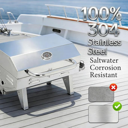 304 Stainless Steel Boat Grill, Portable Propane Marine Grill with Rod Holder Mount, Pontoon Boat BBQ Grill, 208 Sq.In Cooking Area