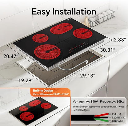 Ranein 30 Inch 4 Burner Electric Cooktop, Max 7900W 240V Ceramic Panel Built-in Electric Stove Top, with Child Safety Lock, Timer, Over-Temperature Protection