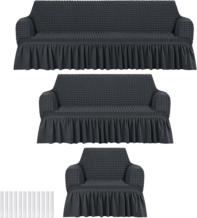 Fanfanwin 3 Pcs Sofa Slipcover Set for Couch Cushion Durable Washable High Elastic Stretchable Furniture Couch Covers with Skirt for Sofa Loveseat Arm Chair(Dark Gray,Seersucker)