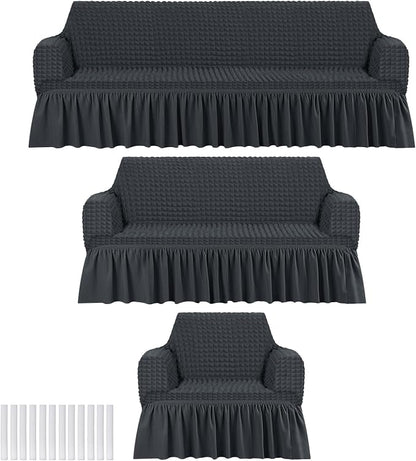 Fanfanwin 3 Pcs Sofa Slipcover Set for Couch Cushion Durable Washable High Elastic Stretchable Furniture Couch Covers with Skirt for Sofa Loveseat Arm Chair(Dark Gray,Seersucker)