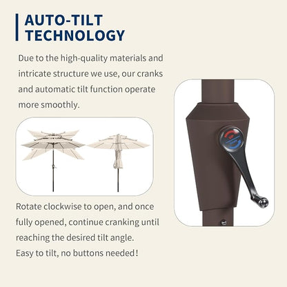 9FT 3 Tiers Patio Umbrella With Auto Tilt And Crank, Outdoor Table Market Umbrella with 8 Sturdy Ribs for Garden, Lawn, Deck, Backyard and Pool