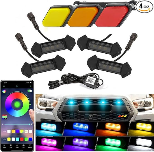 RGB Led Grill Lights Fit for Toyota Tacoma 2015-2023 TRD-Pro Emblems | Aftermarket Trd-pro Grills Grille tacoma lights+1pcs Emblem 4pcs ,20colors