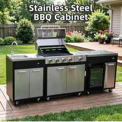 Portable Integrated Outdoor Kitchen Island, Compact Modular Weatherproof BBQ Pod with Built-in Sink & Ice Cooler, Mobile Outdoor Cooking Station for Tailgating, Campsite & Outdoor Event