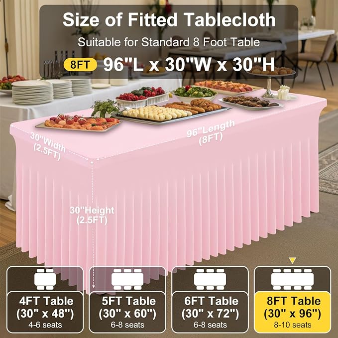 Smiry 2 Pack Spandex Elastic Fitted Table Cloth Skirt for 8FT Table | Stretch Washable Table Cloth, Banquet Table Cover for Wedding, Party, Indoor & Trade Shows, (Pink, 96Lx30Wx30H)