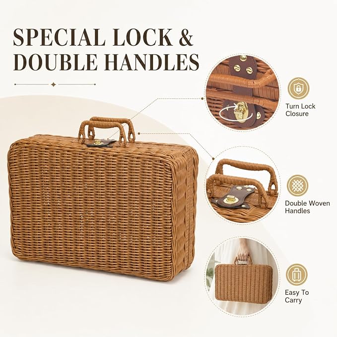 Wicker Picnic Basket, Decorative Prop Suitcase Vintage Storage Hamper Makeup Organizer, Metal Lock Rattan Storage Box with Handles for Sundries Travel Camping and Outdoor Party (Brown, M+XL)