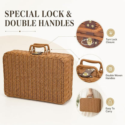 Wicker Picnic Basket, Decorative Prop Suitcase Vintage Storage Hamper Makeup Organizer, Metal Lock Rattan Storage Box with Handles for Sundries Travel Camping and Outdoor Party (Brown, M+XL)