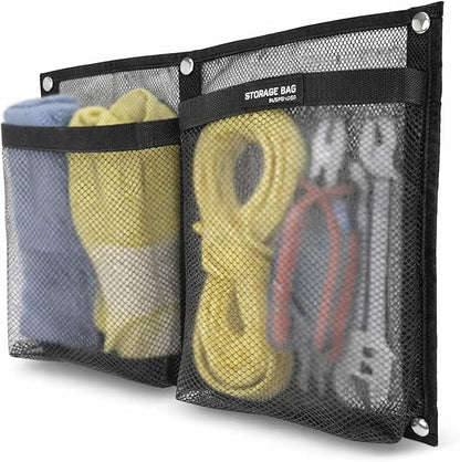 Marine Mesh Double Pocket Boat Gear Storage Bag, Polyester Boat Rope Storage Bag, Screw Snap Mount (Black, Large)