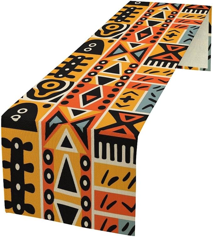 Vintage African Geometric Tribal Table Runner Colorful Abstract Africa Traditional Mud Cloth Pattern Seasonal Summer Holiday Dinner Runner for Farmhouse Dinner Table Party Decor 13x60in