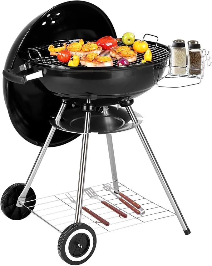 28" Charcoal Barbecue Grill with Adjustable Air Vent, Storage Rack, 2 Wheeled Portable Grill for Camping, Outdoor Cooking, and More