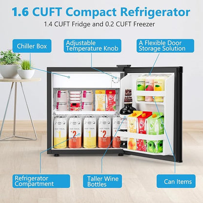 Electactic 1.6 Cu.ft Mini Fridge, Compact Single Reversible Door Refrigerator, Adjustable Thermostat, Ultra Quiet, Energy Efficient for Office, Dorm, Bedroom, Apartment -Black