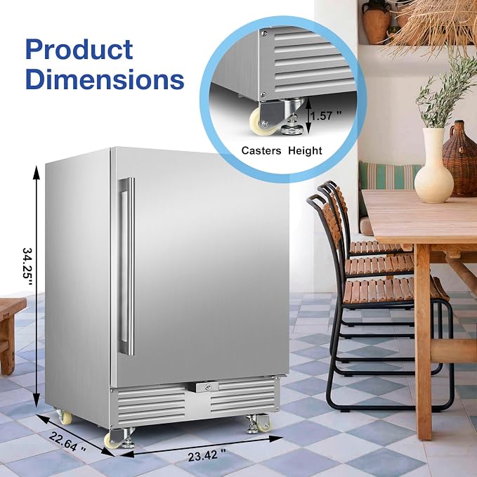 FoMup 24" Undercounter Outdoor Beverage Fridge, Stainless Steel with Wheels | Waterproof exterior, 180 cans capacity, for outdoor kitchen patio, Digital thermostat, Adjustable shelves, Safety lock