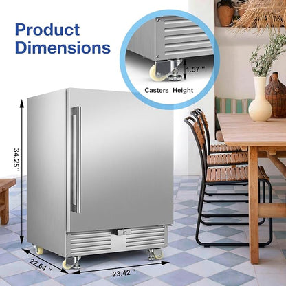 FoMup 24" Undercounter Outdoor Beverage Fridge, Stainless Steel with Wheels | Waterproof exterior, 180 cans capacity, for outdoor kitchen patio, Digital thermostat, Adjustable shelves, Safety lock