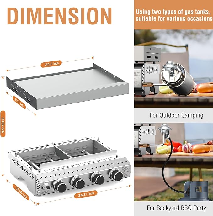 Electactic 4 Burner Tabletop Propane Gas Griddle, 24" Detachable Flat Top Grill with Handle, 32000BTU Portable Stainless Steel BBQ for Camping, Outdoor & Tailgating