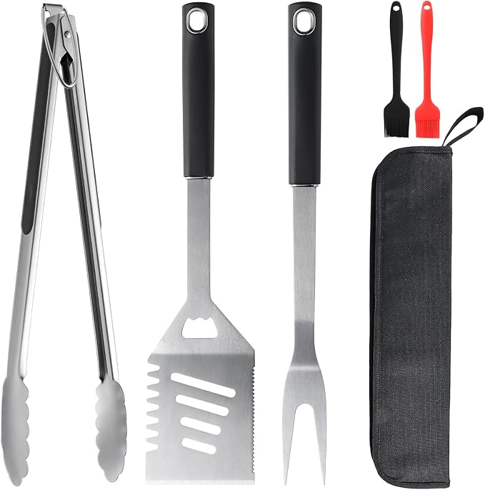 5PCS BBQ Tools Set, Heavy Duty Stainless Steel Grill Accessories with Spatula, Fork, Tongs & 2 Basting Brushes, Barbecue Utensils Kit with Carry Bag, Outdoor Grill Gifts for Dad Husband